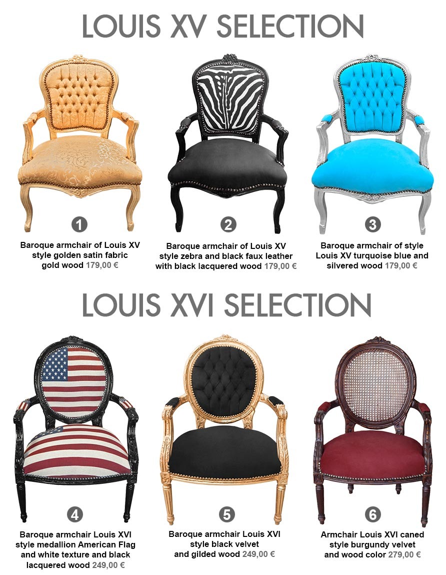 Selection armchairs Royal Art Palace style Louis XV and Louis XVI